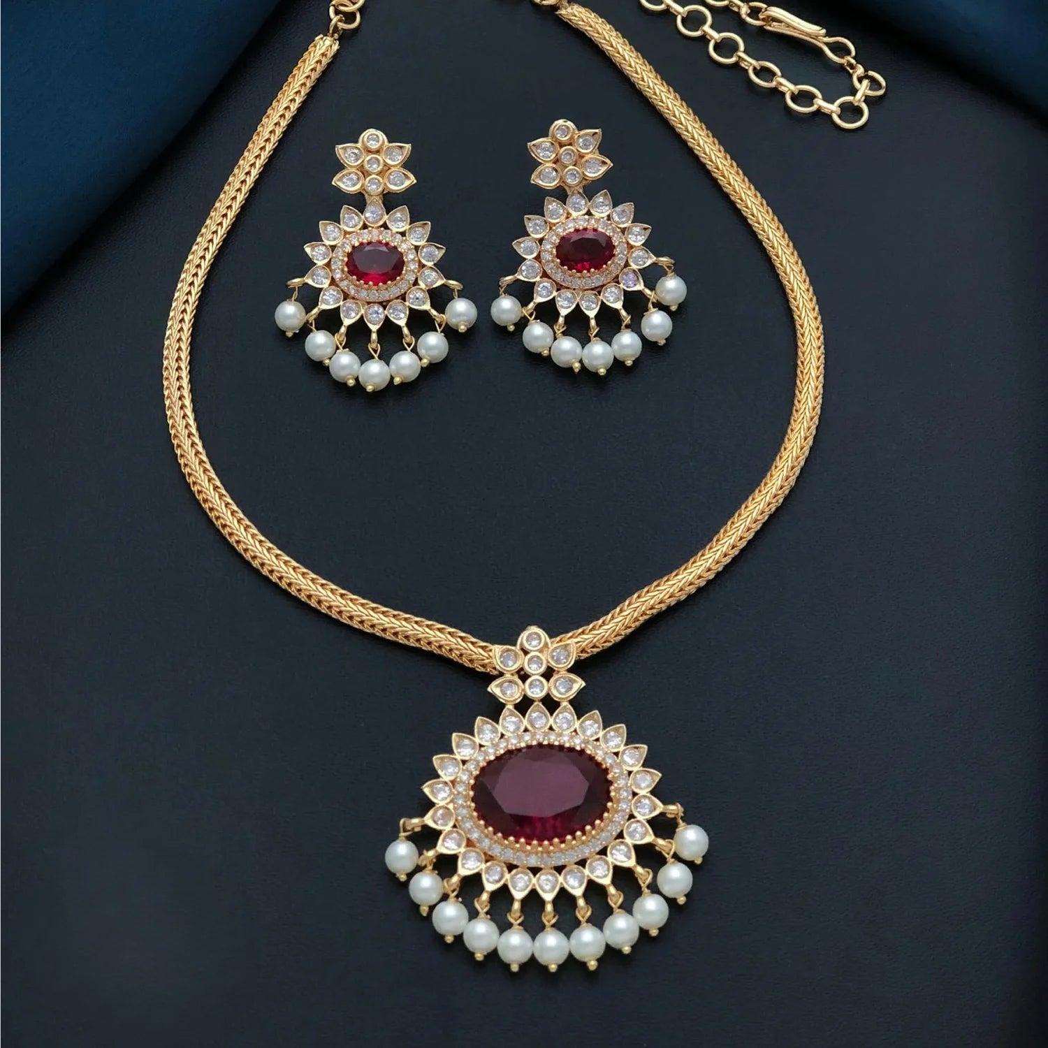 Red Stone American Diamond Pendant Necklace Set