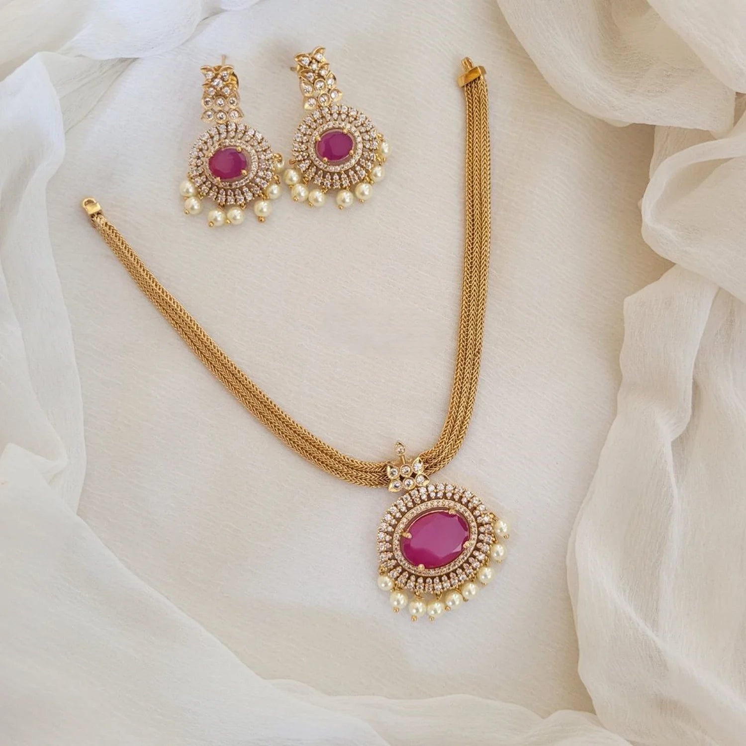 Red Stone American Diamond Pendant Necklace Set