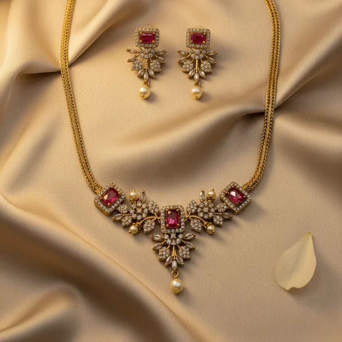 Red Stone American Diamond Designer Necklace Set