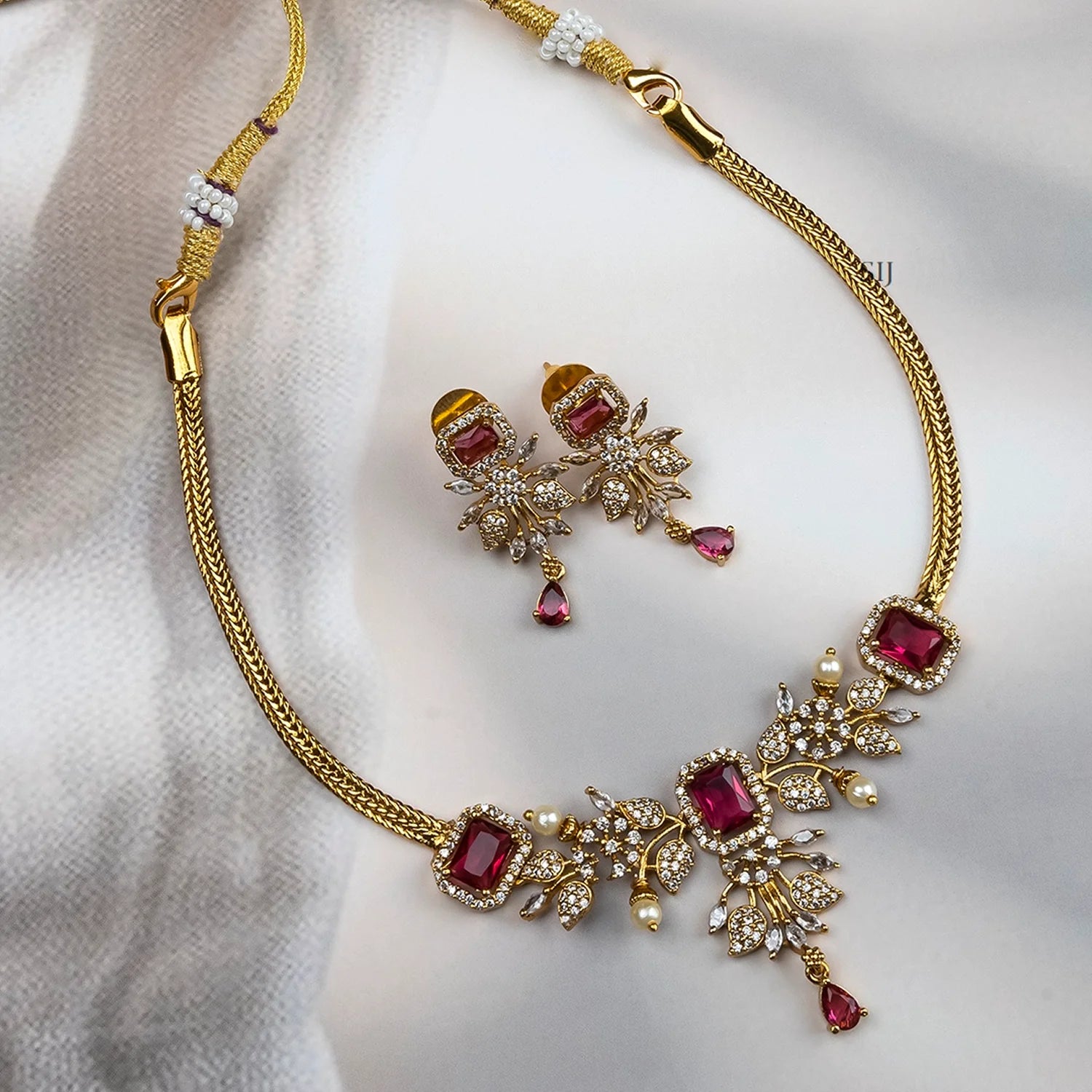 Red Stone American Diamond Designer Necklace Set