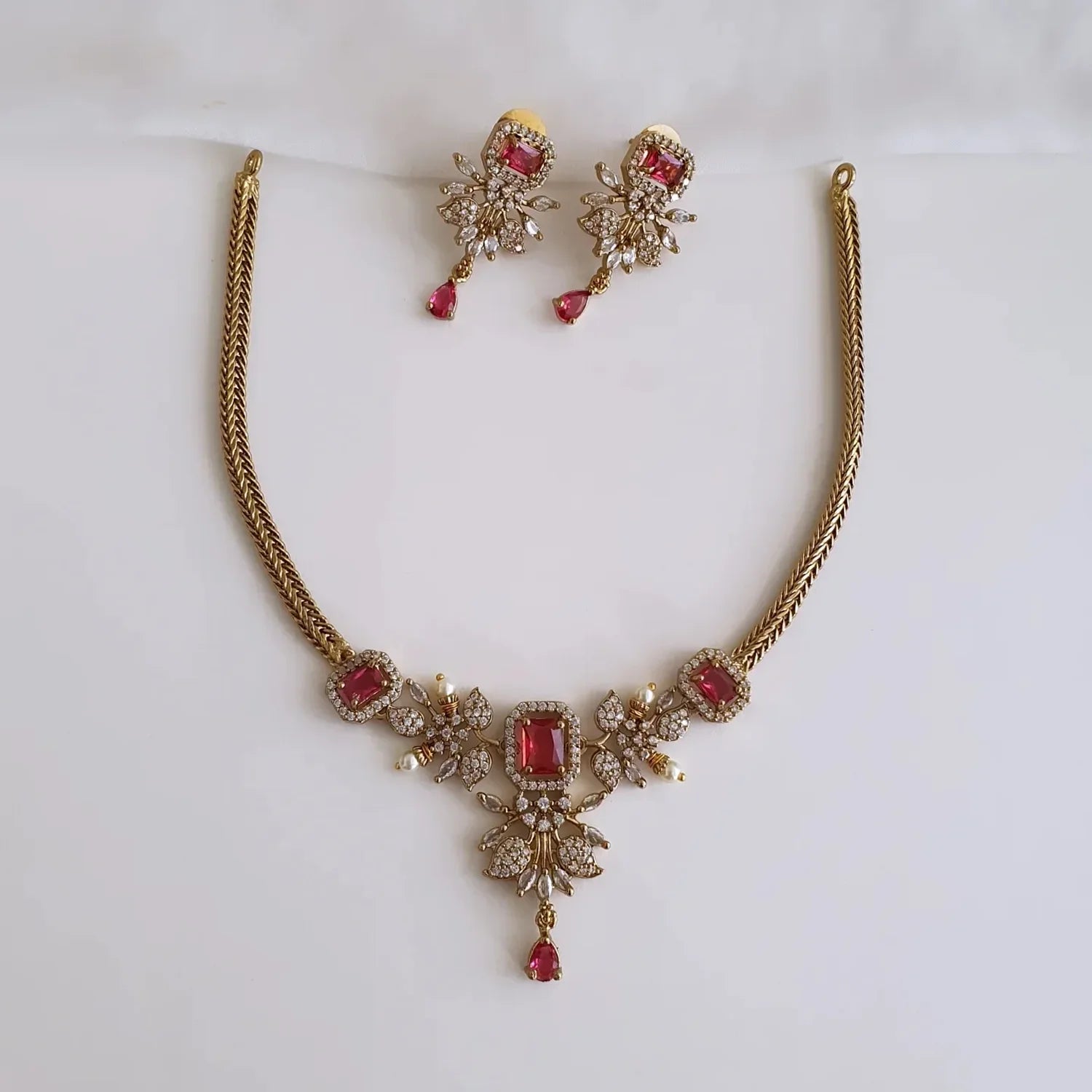 Red Stone American Diamond Designer Necklace Set
