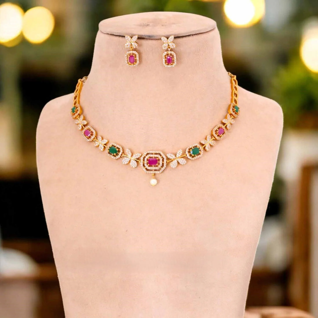 Multi Color American Diamond Floral Choker Necklace Set