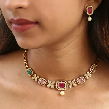 Multi Color American Diamond Floral Choker Necklace Set
