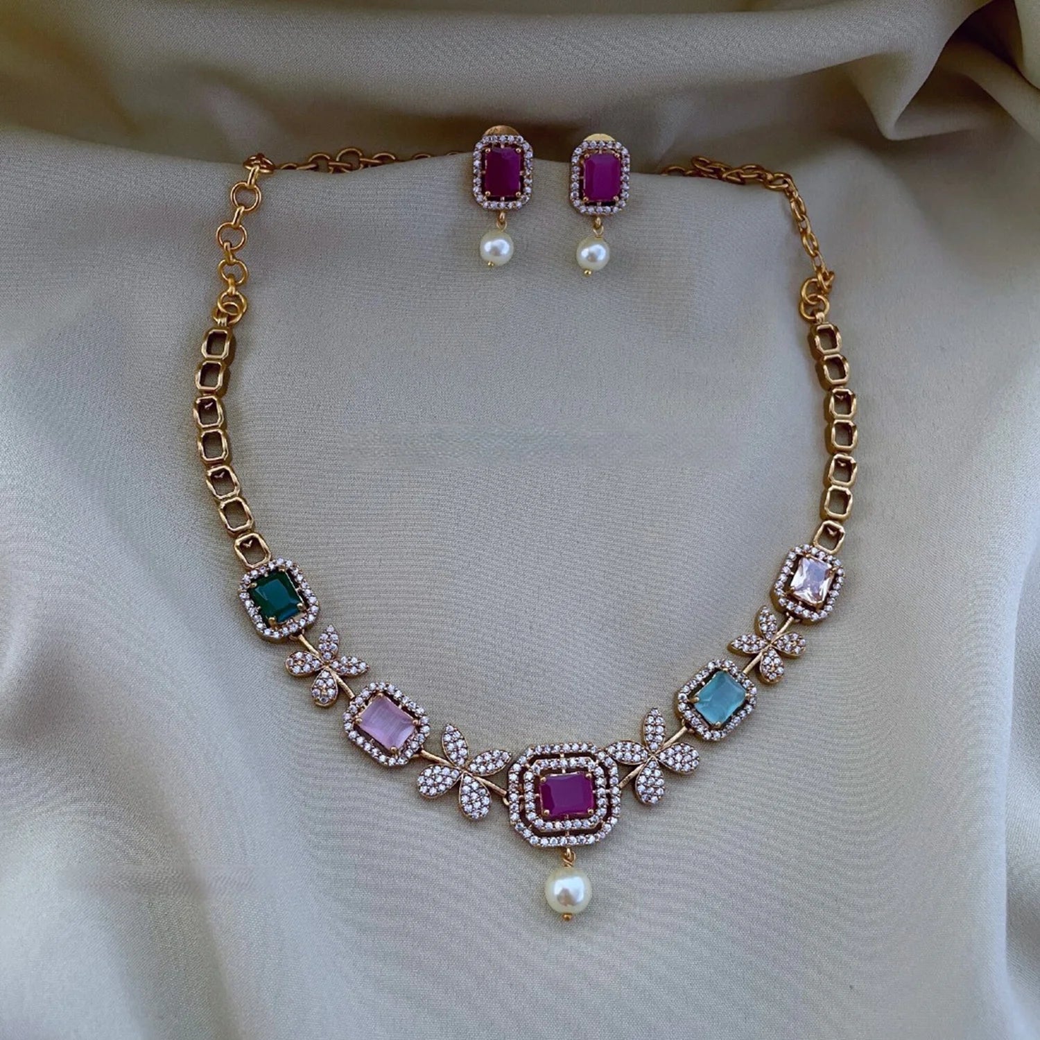 Multi Color American Diamond Floral Choker Necklace Set