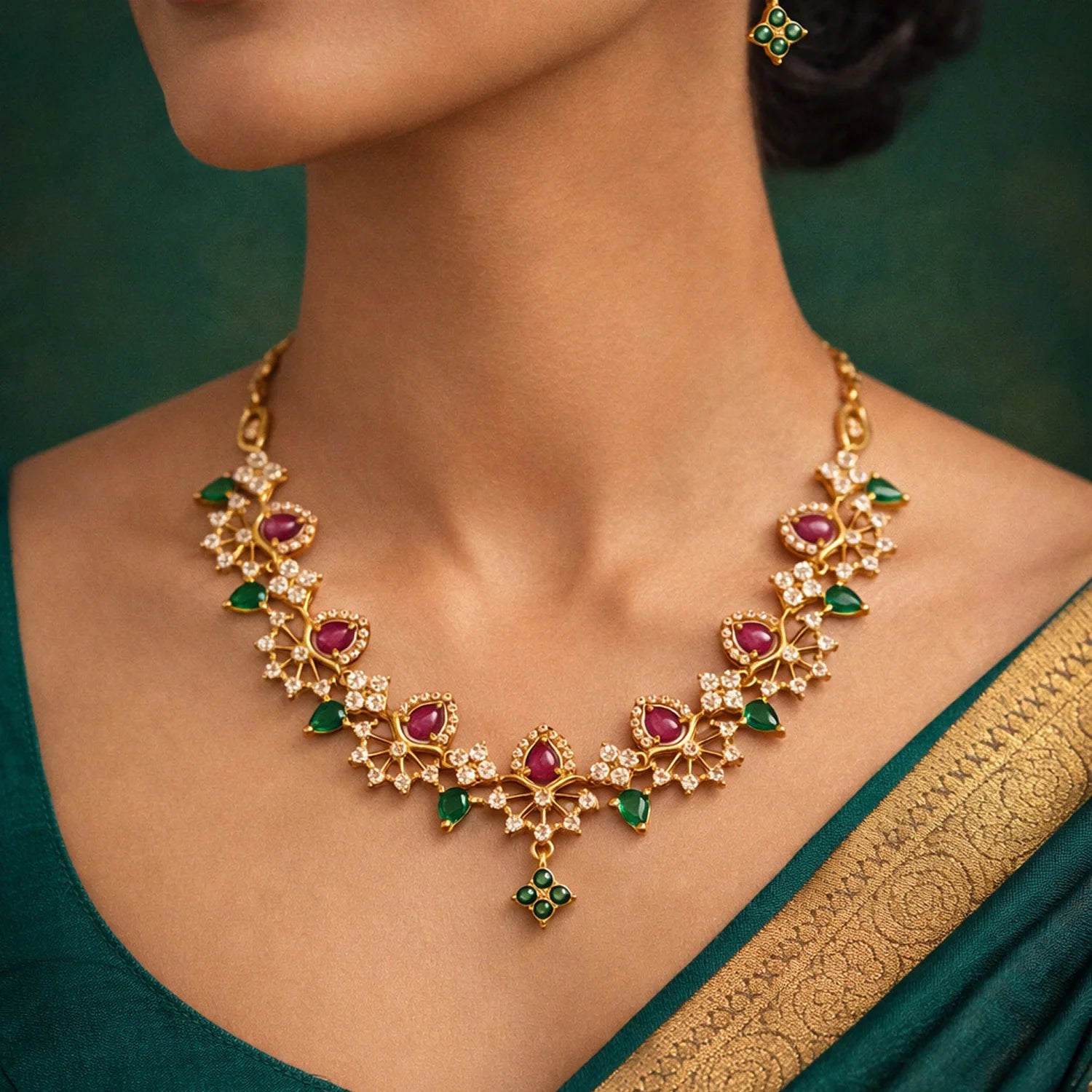 Bridal Multi Color American Diamond Necklace Set with Earrings