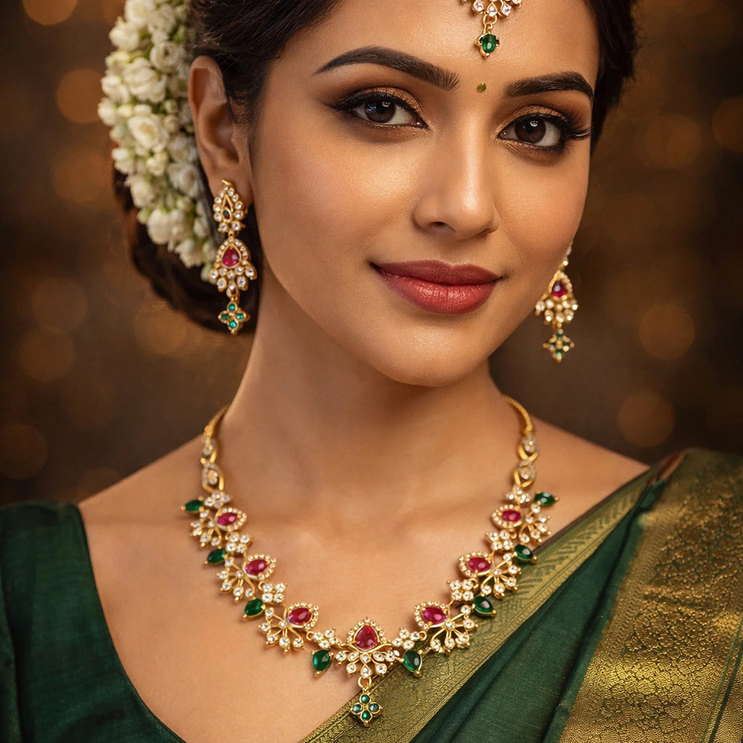 Bridal Multi Color American Diamond Necklace Set with Earrings