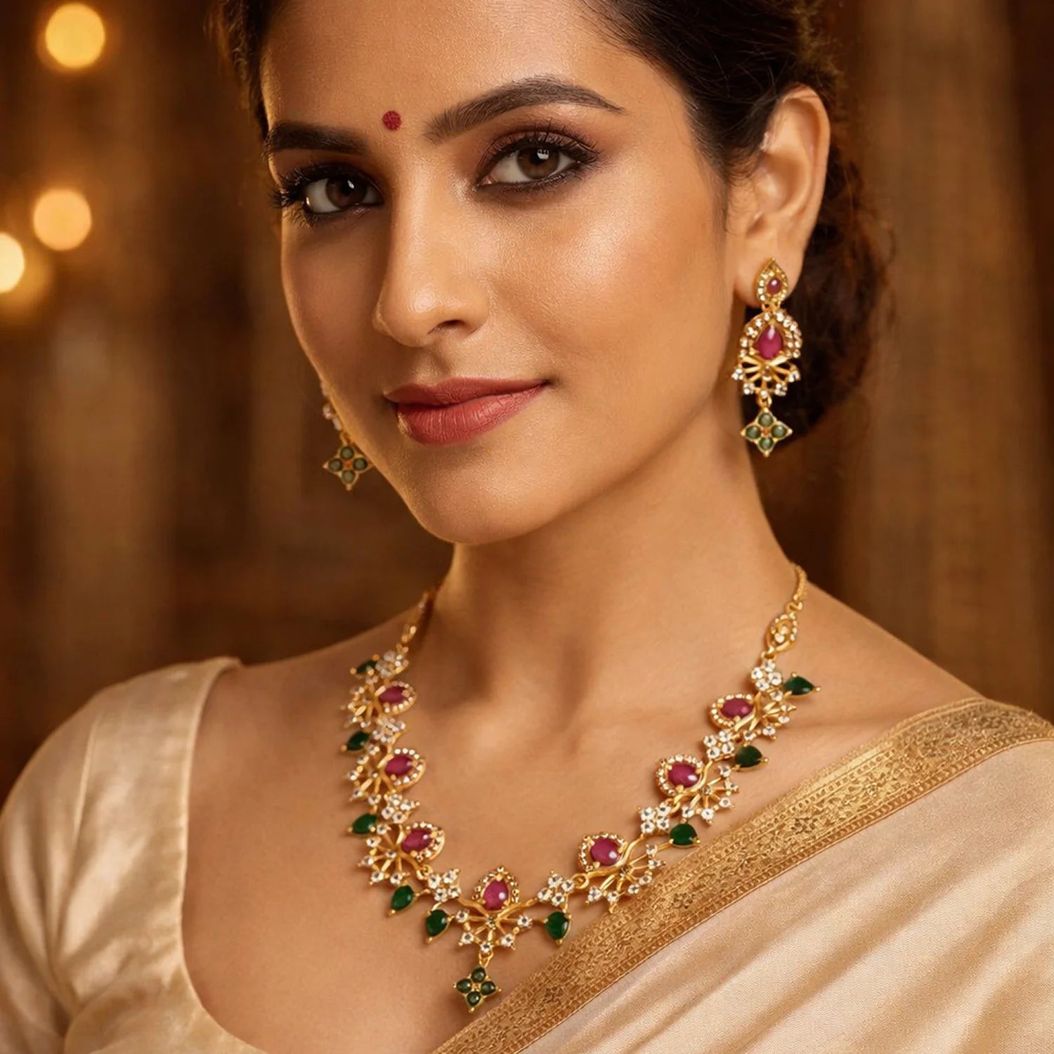Bridal Multi Color American Diamond Necklace Set with Earrings