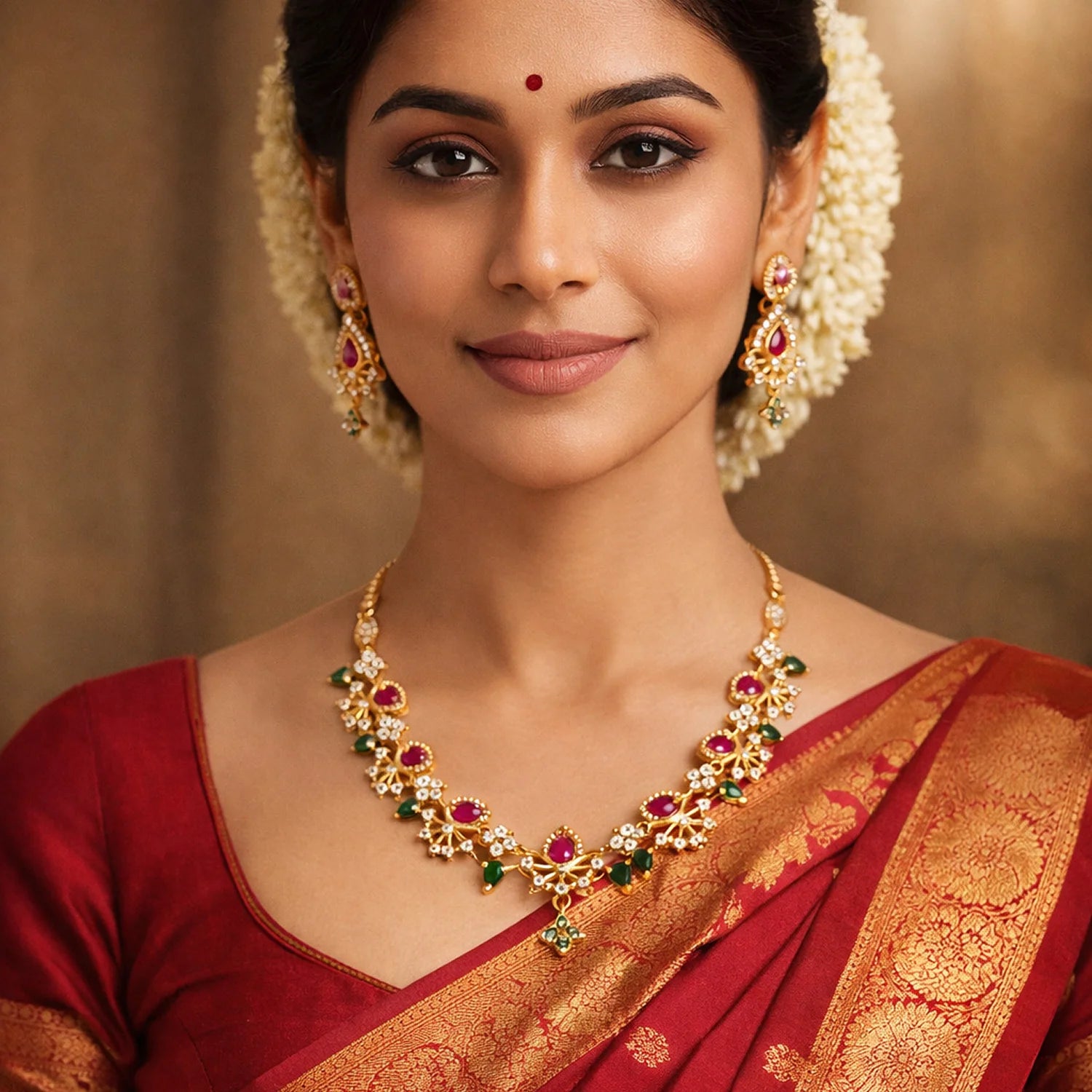 Bridal Multi Color American Diamond Necklace Set with Earrings