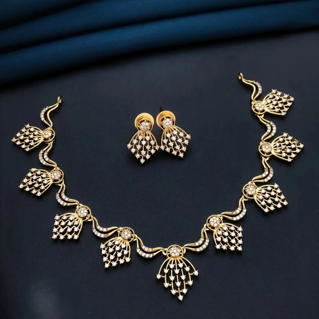 White AD Gold Plated Designer Necklace Set with Earrings
