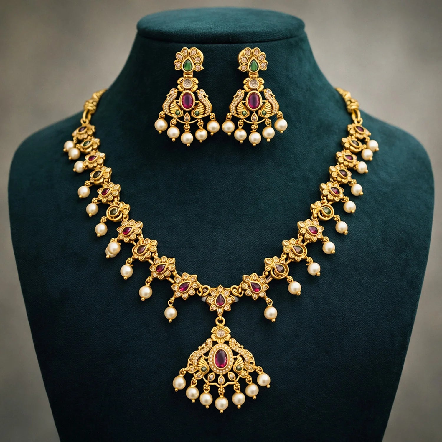 Gold Plated Ruby AD Necklace Set with Pearl Drops