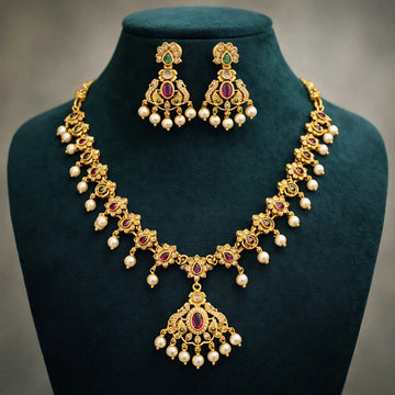 Gold Plated Ruby AD Necklace Set with Pearl Drops