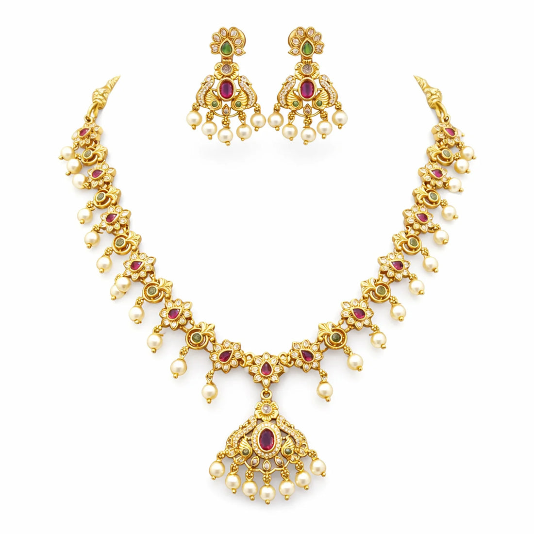 Gold Plated Ruby AD Necklace Set with Pearl Drops