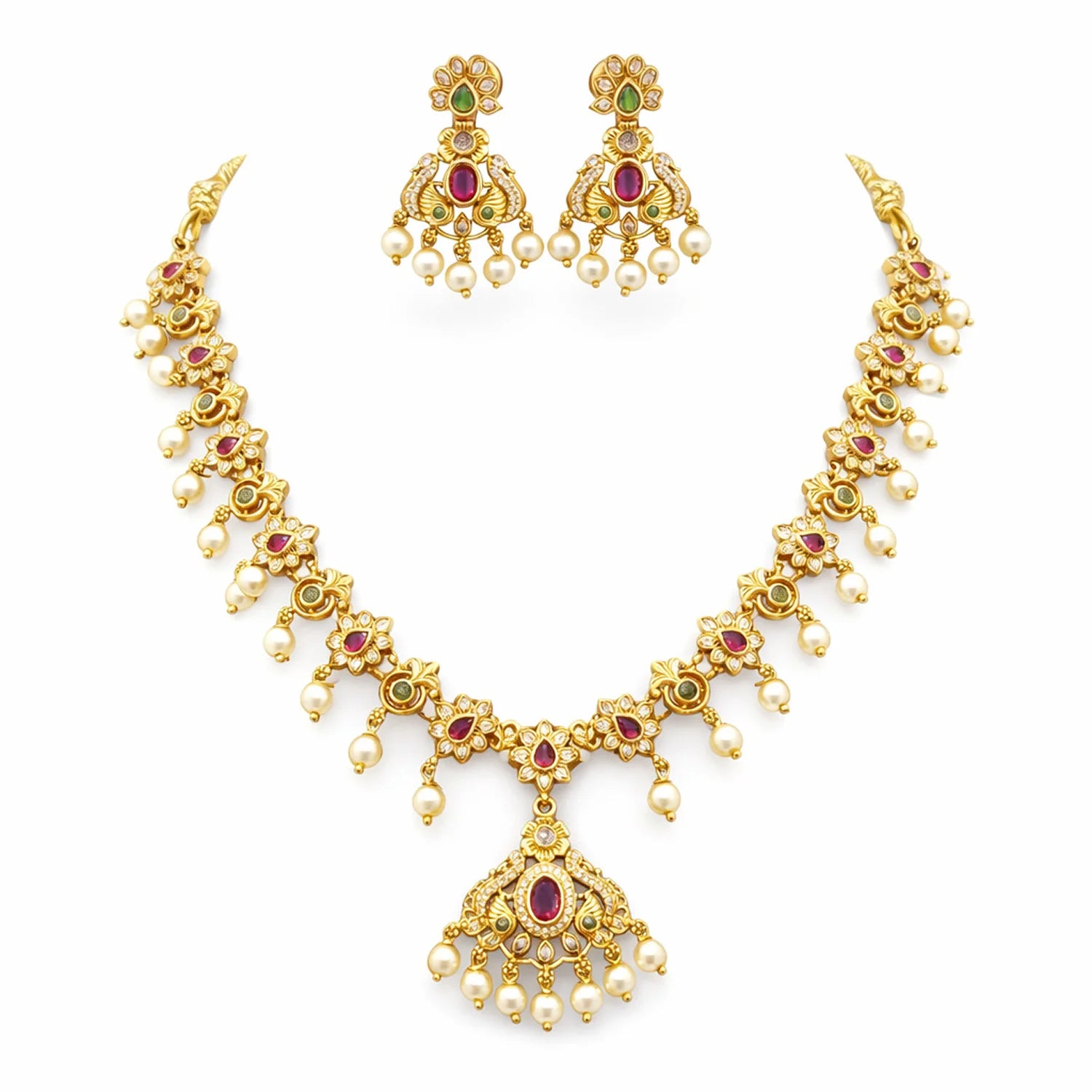 Gold Plated Ruby AD Necklace Set with Pearl Drops