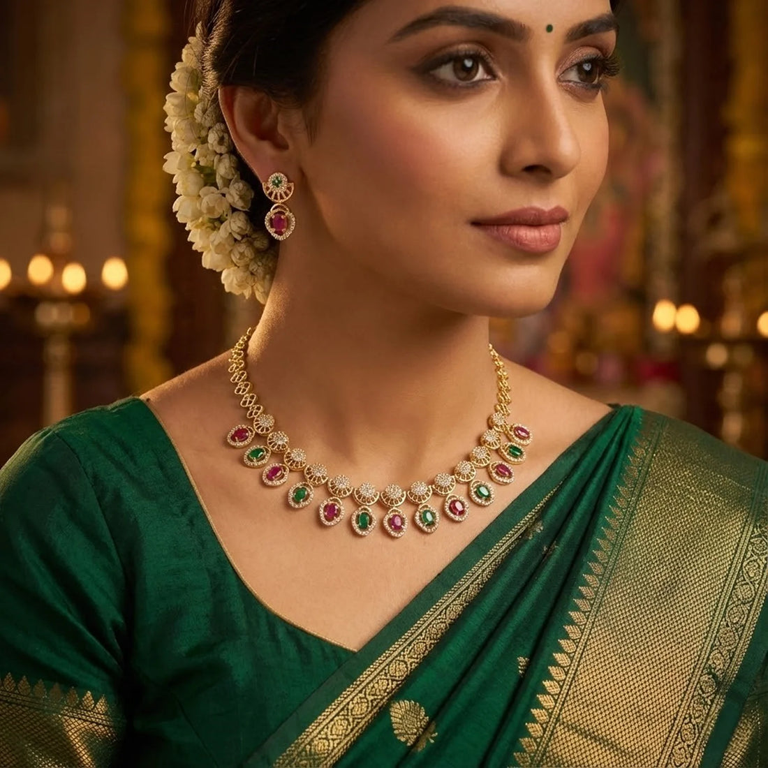 Multicolor AD Gold Plated Necklace Set with Ruby & Green Stones
