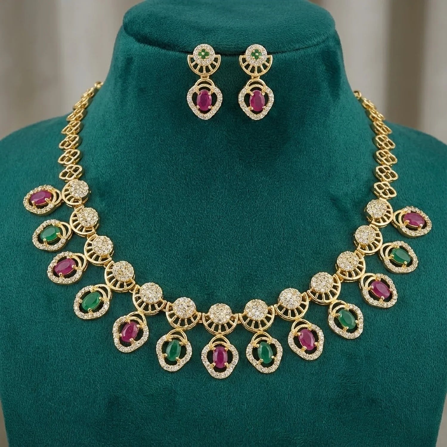 Multicolor AD Gold Plated Necklace Set with Ruby & Green Stones