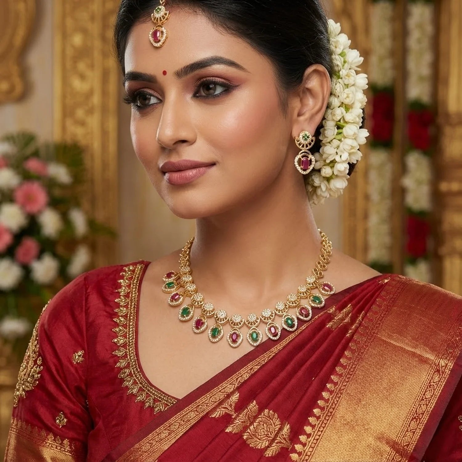 Multicolor AD Gold Plated Necklace Set with Ruby & Green Stones