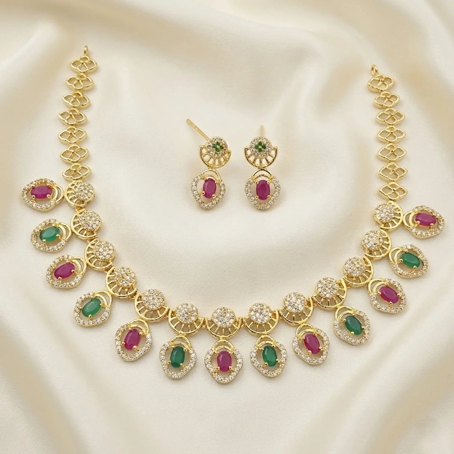 Multicolor AD Gold Plated Necklace Set with Ruby & Green Stones