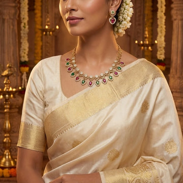 Multicolor AD Gold Plated Necklace Set with Ruby & Green Stones