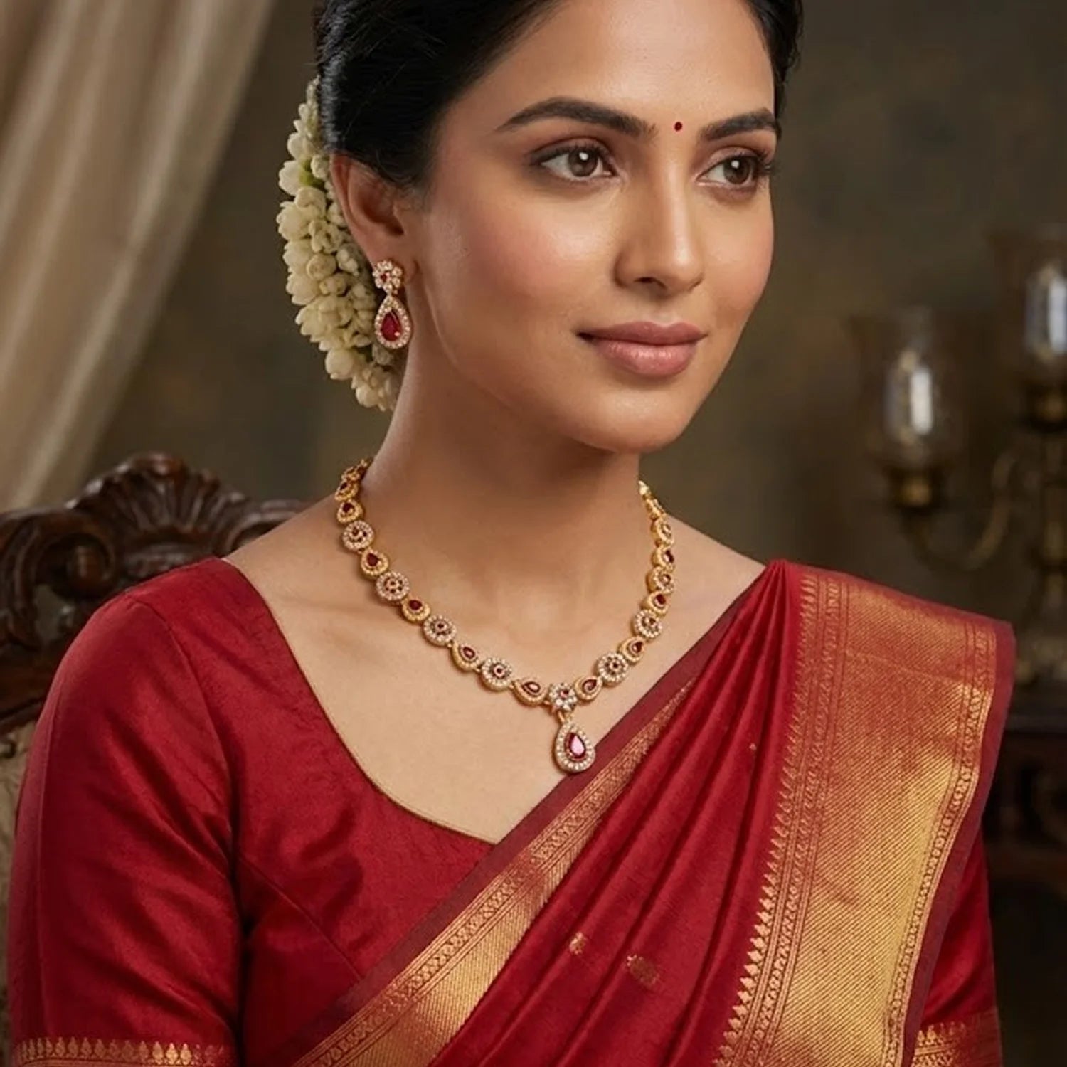 Ruby Drop American Diamond Necklace Set for Women