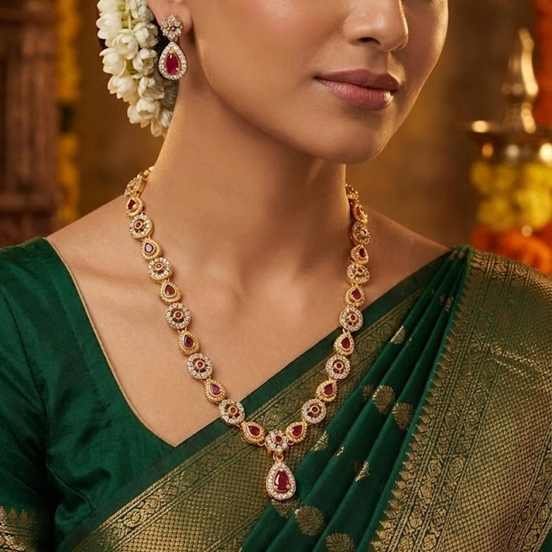 Ruby Drop American Diamond Necklace Set for Women