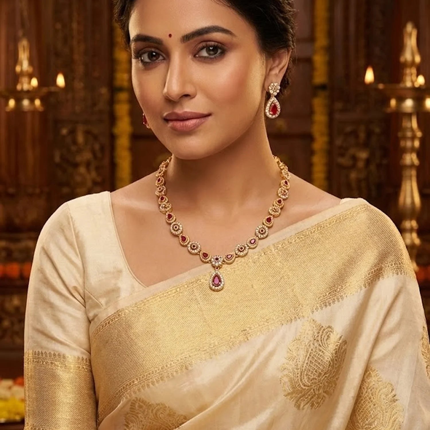Ruby Drop American Diamond Necklace Set for Women