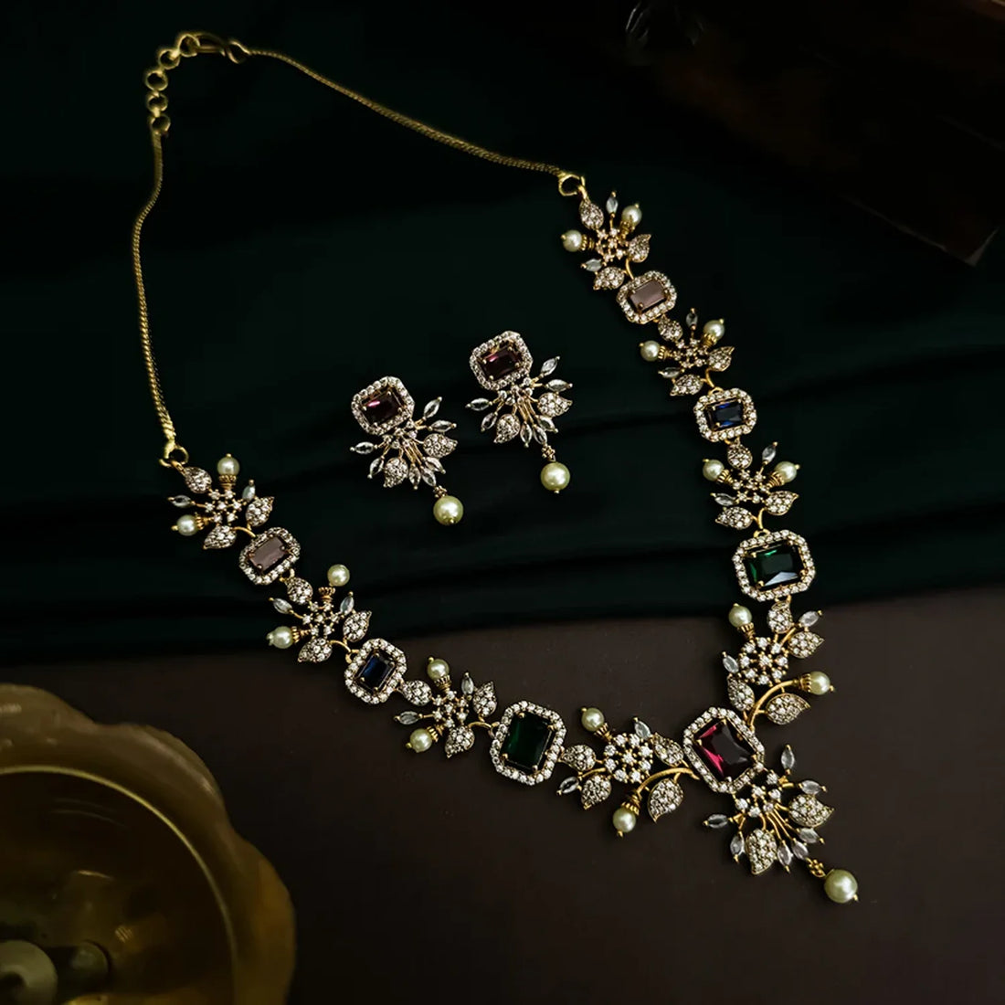 Emerald Ruby American Diamond Necklace Set with Earrings