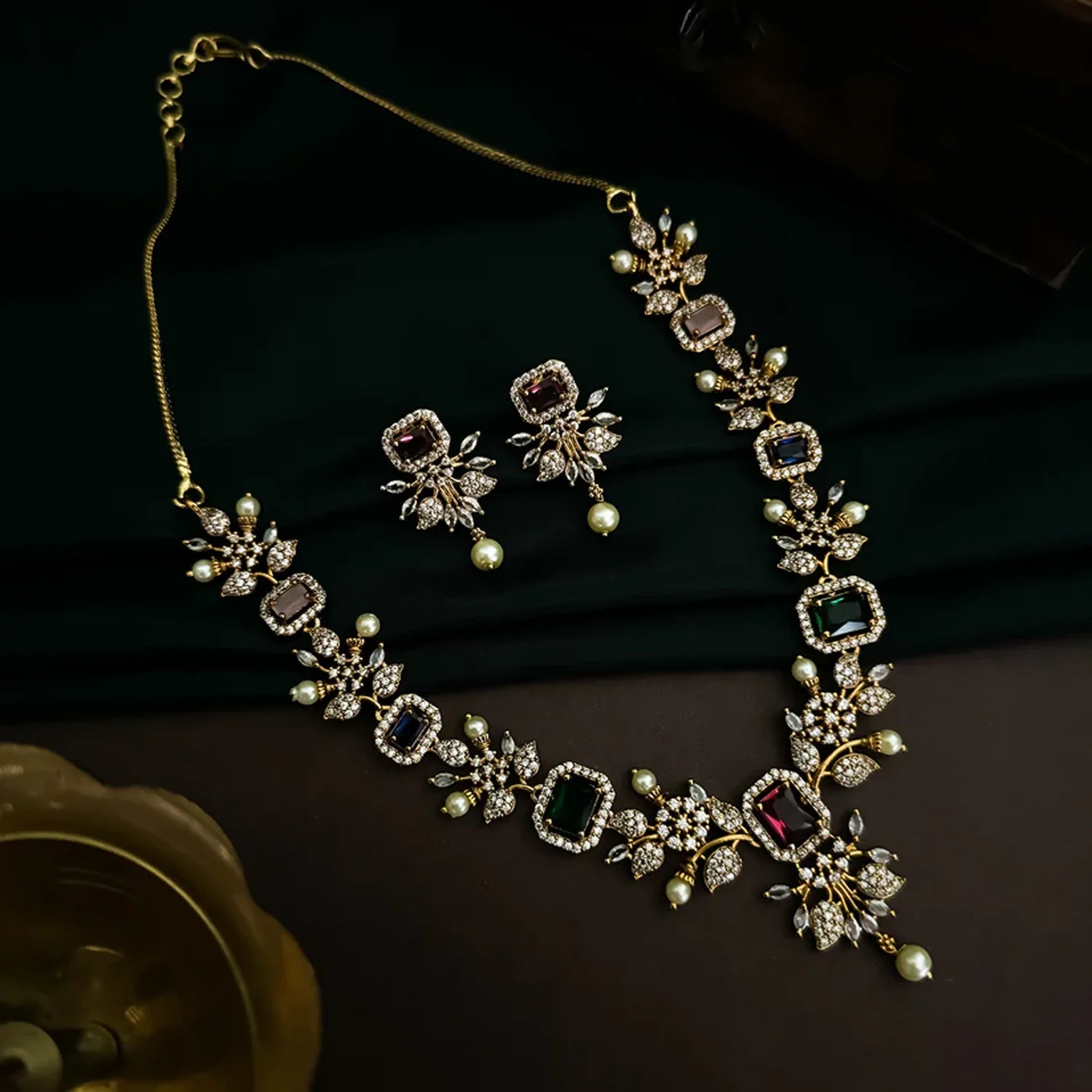 Emerald Ruby American Diamond Necklace Set with Earrings