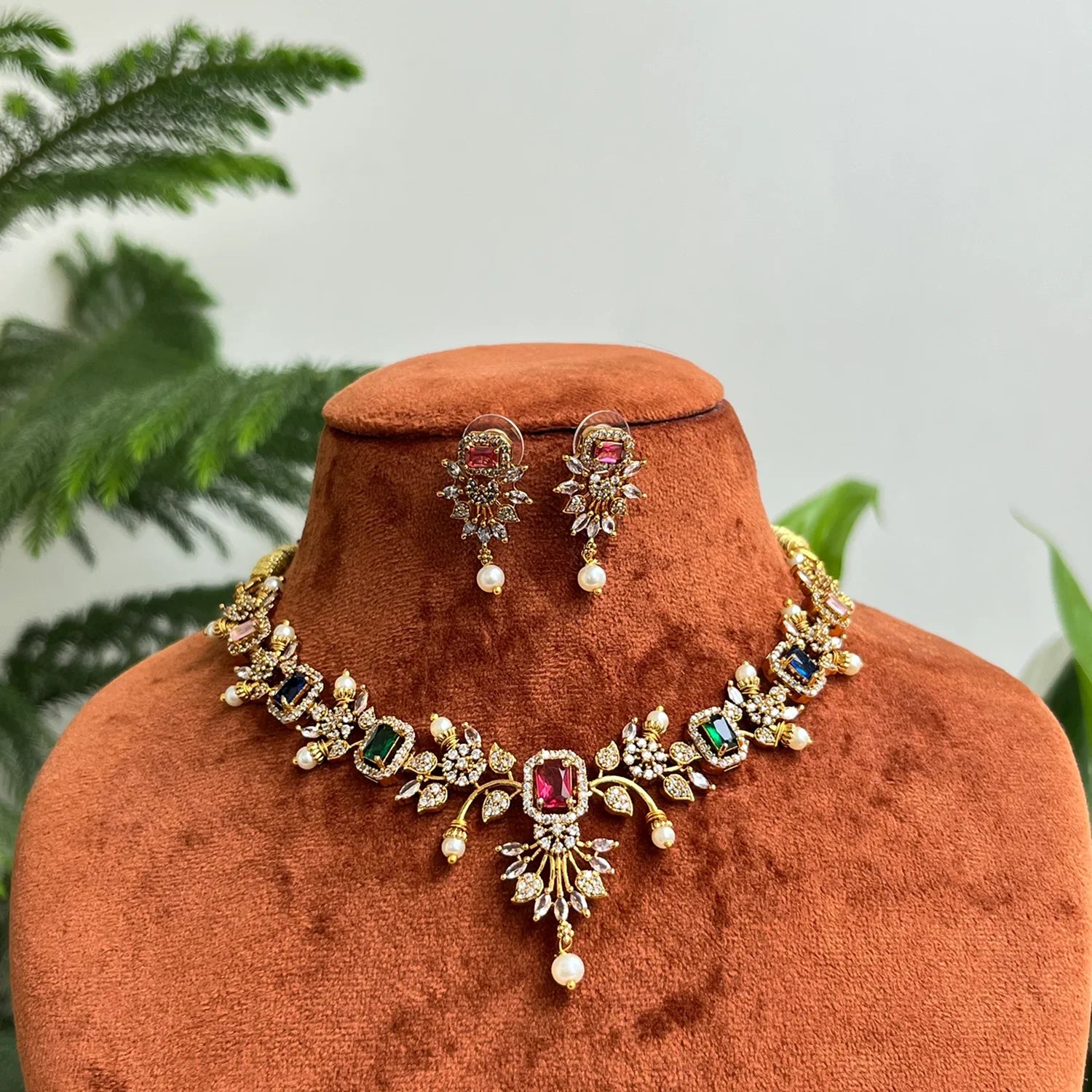 Emerald Ruby American Diamond Necklace Set with Earrings