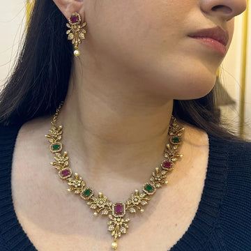 Emerald Ruby American Diamond Necklace Set with Earrings