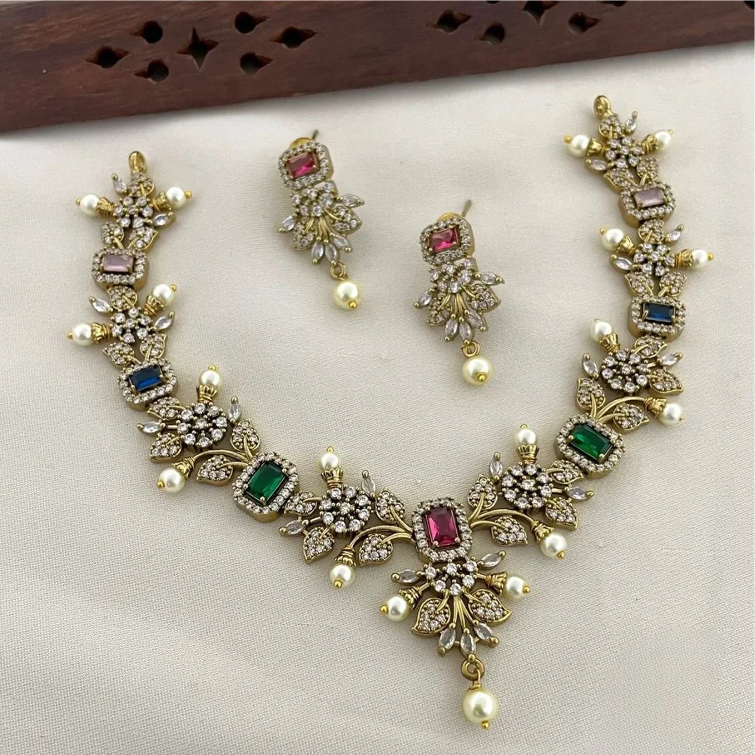 Emerald Ruby American Diamond Necklace Set with Earrings