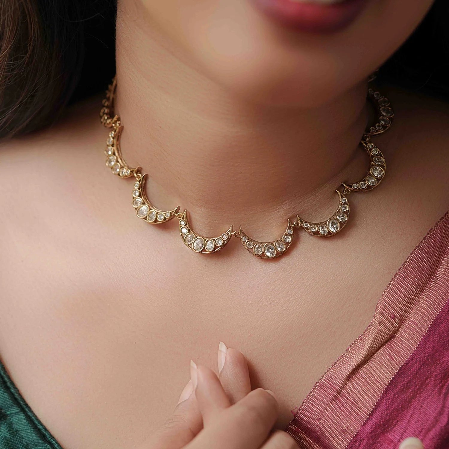 Crescent Moon American Diamond Choker Necklace Set