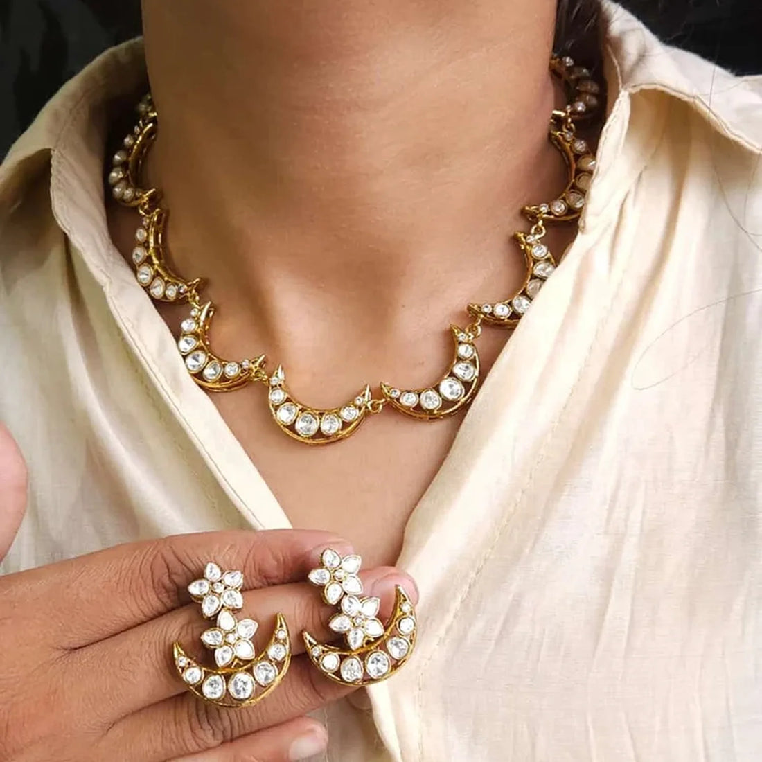 Crescent Moon American Diamond Choker Necklace Set