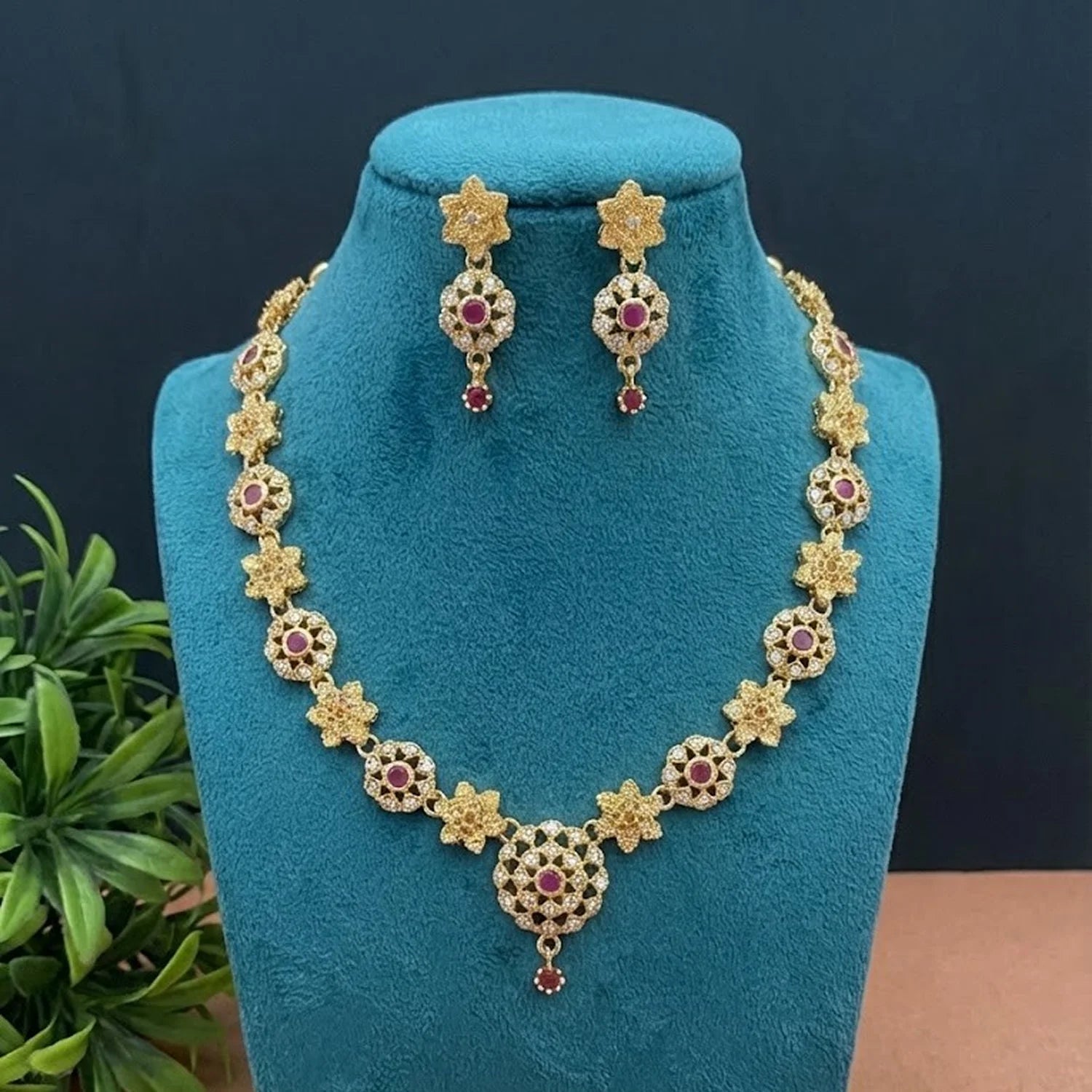 Floral Ruby AD Gold Necklace Set with Earrings