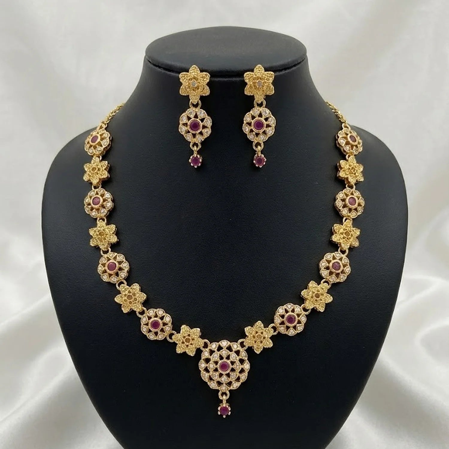Floral Ruby AD Gold Necklace Set with Earrings