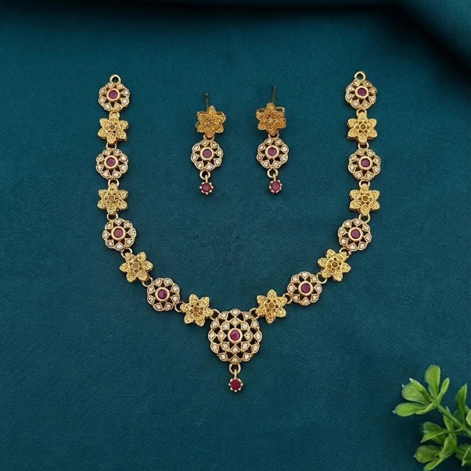 Floral Ruby AD Gold Necklace Set with Earrings