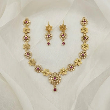 Floral Ruby AD Gold Necklace Set with Earrings