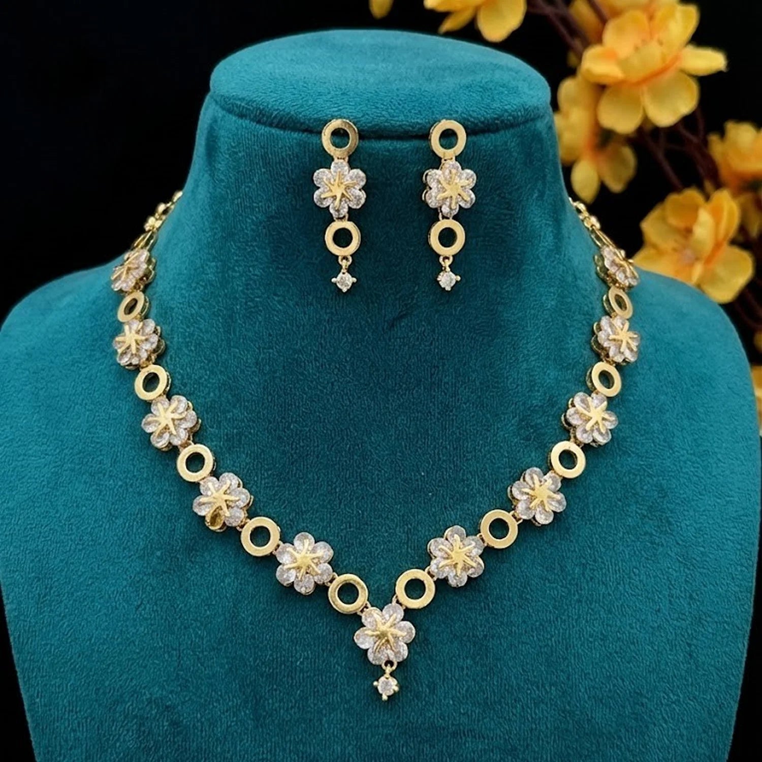 Floral Geometric AD Gold Necklace Set with Earrings