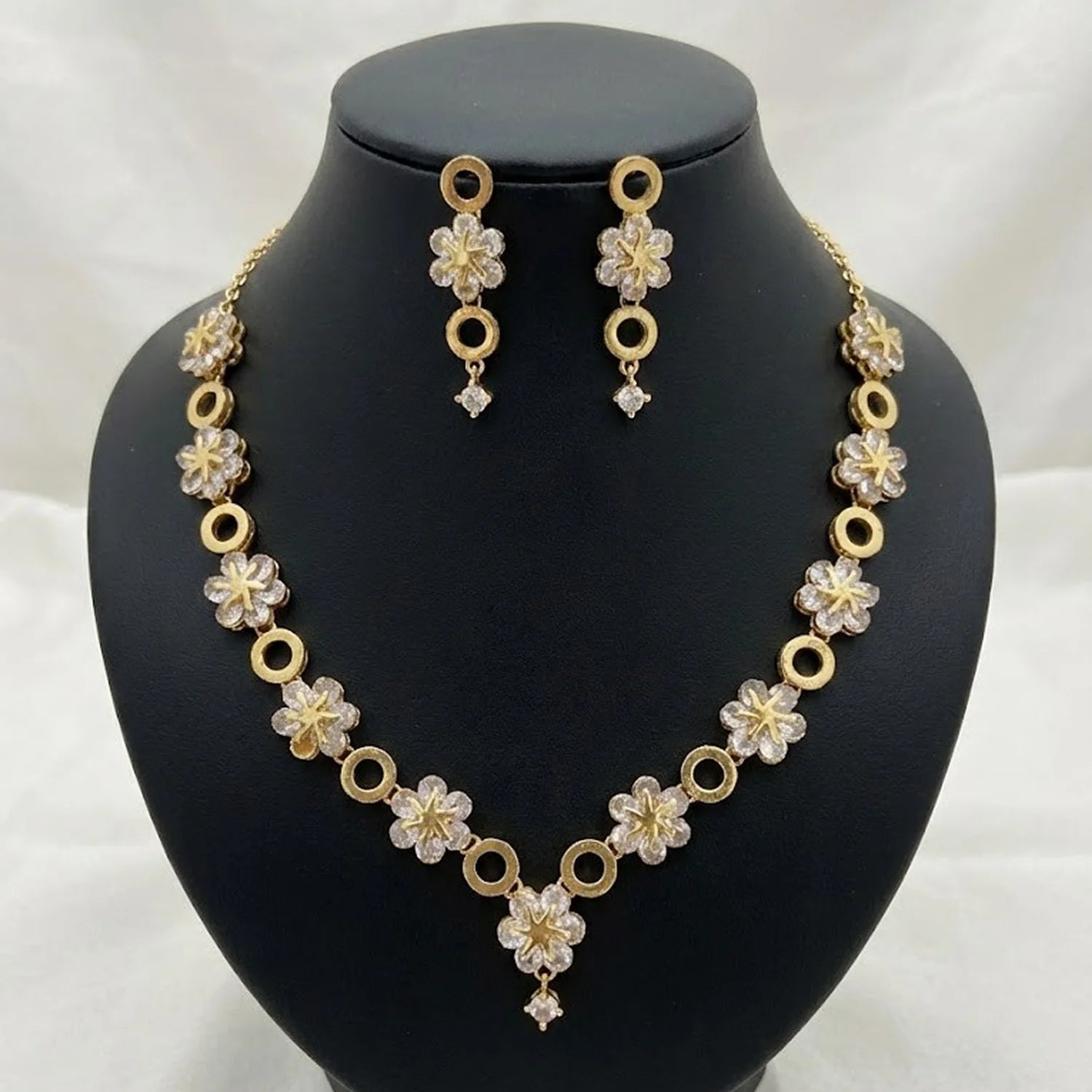Floral Geometric AD Gold Necklace Set with Earrings