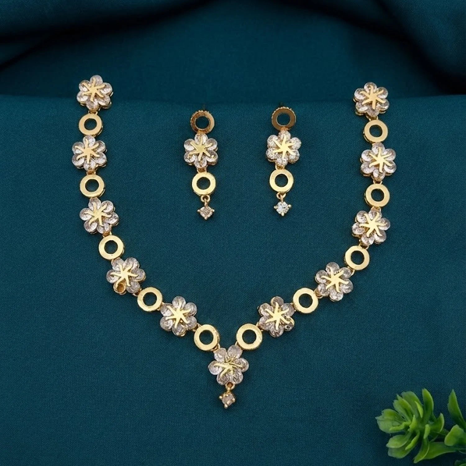 Floral Geometric AD Gold Necklace Set with Earrings