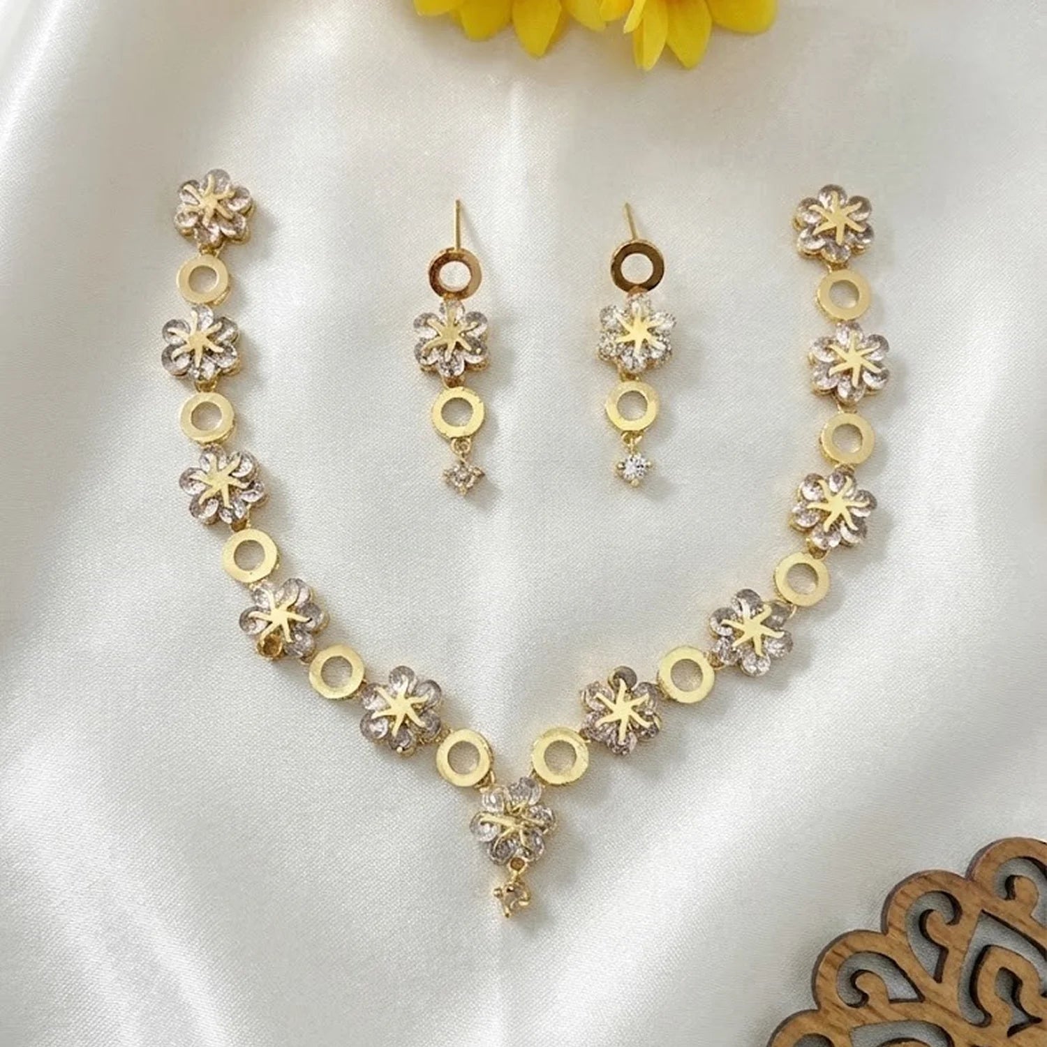 Floral Geometric AD Gold Necklace Set with Earrings