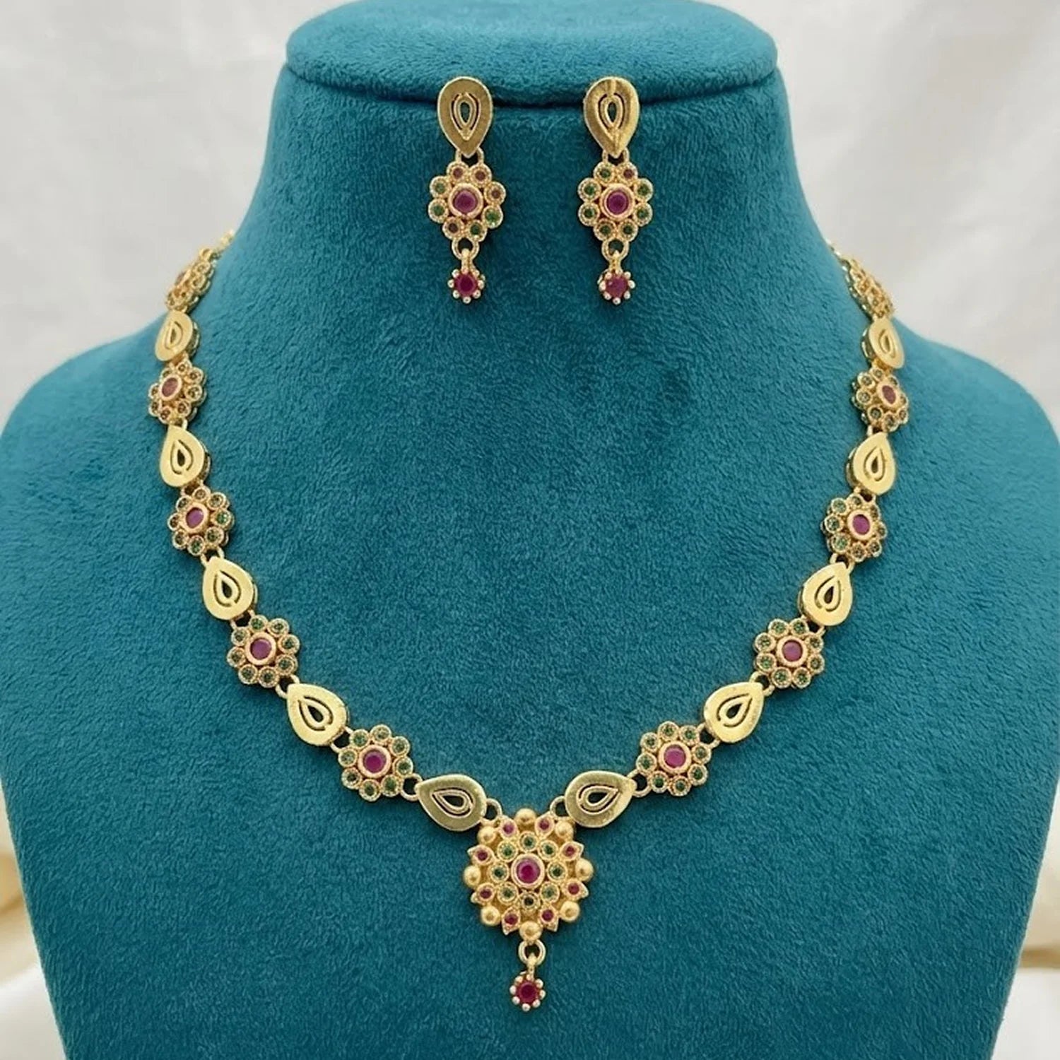 Floral Ruby Green American Diamond Necklace Set