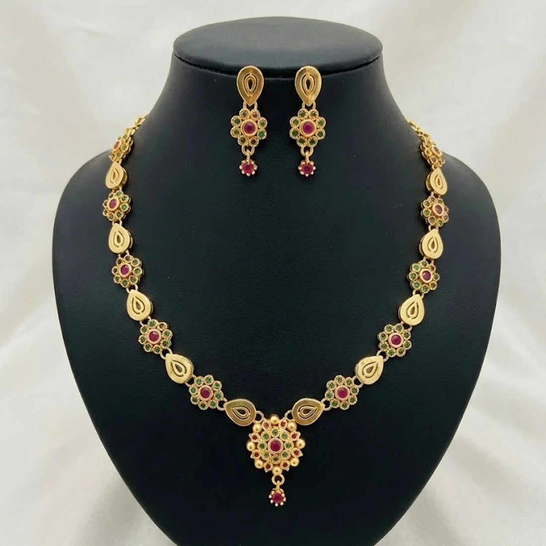 Floral Ruby Green American Diamond Necklace Set