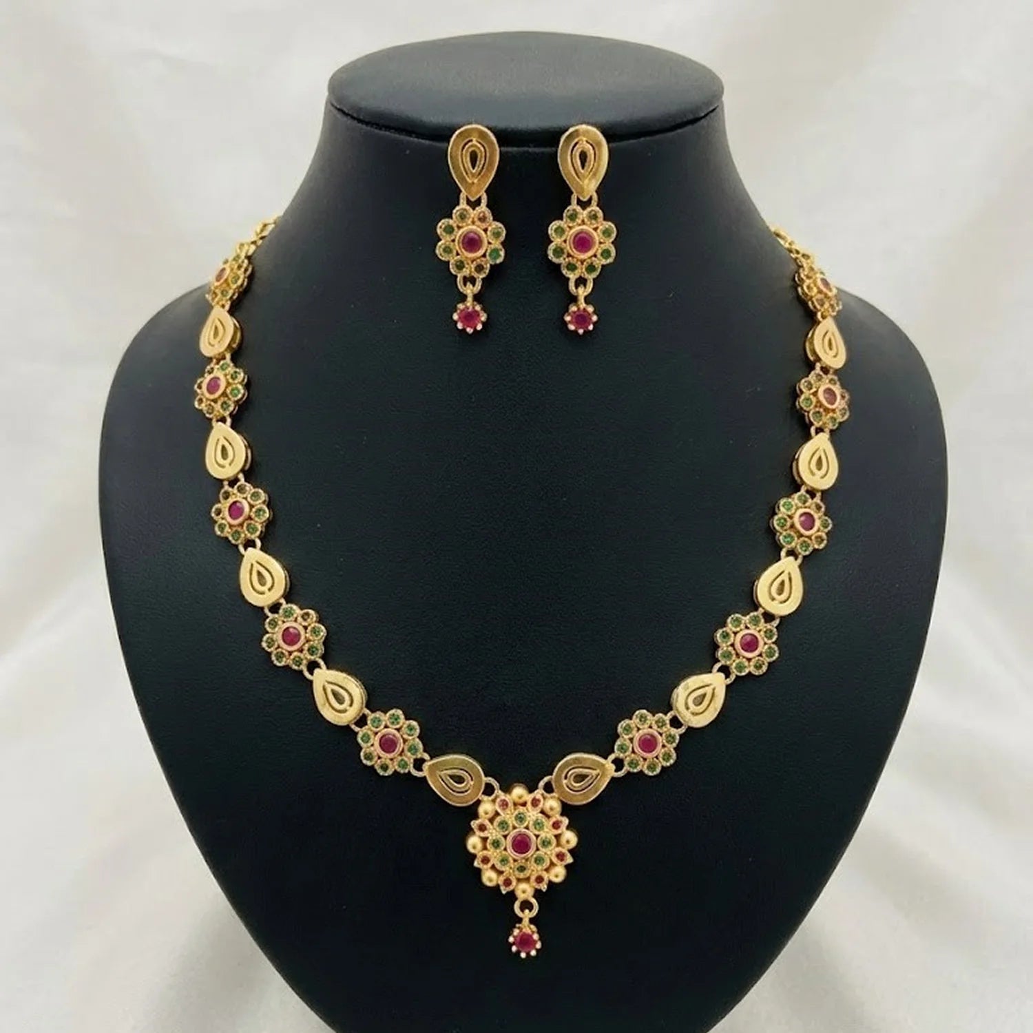 Floral Ruby Green American Diamond Necklace Set