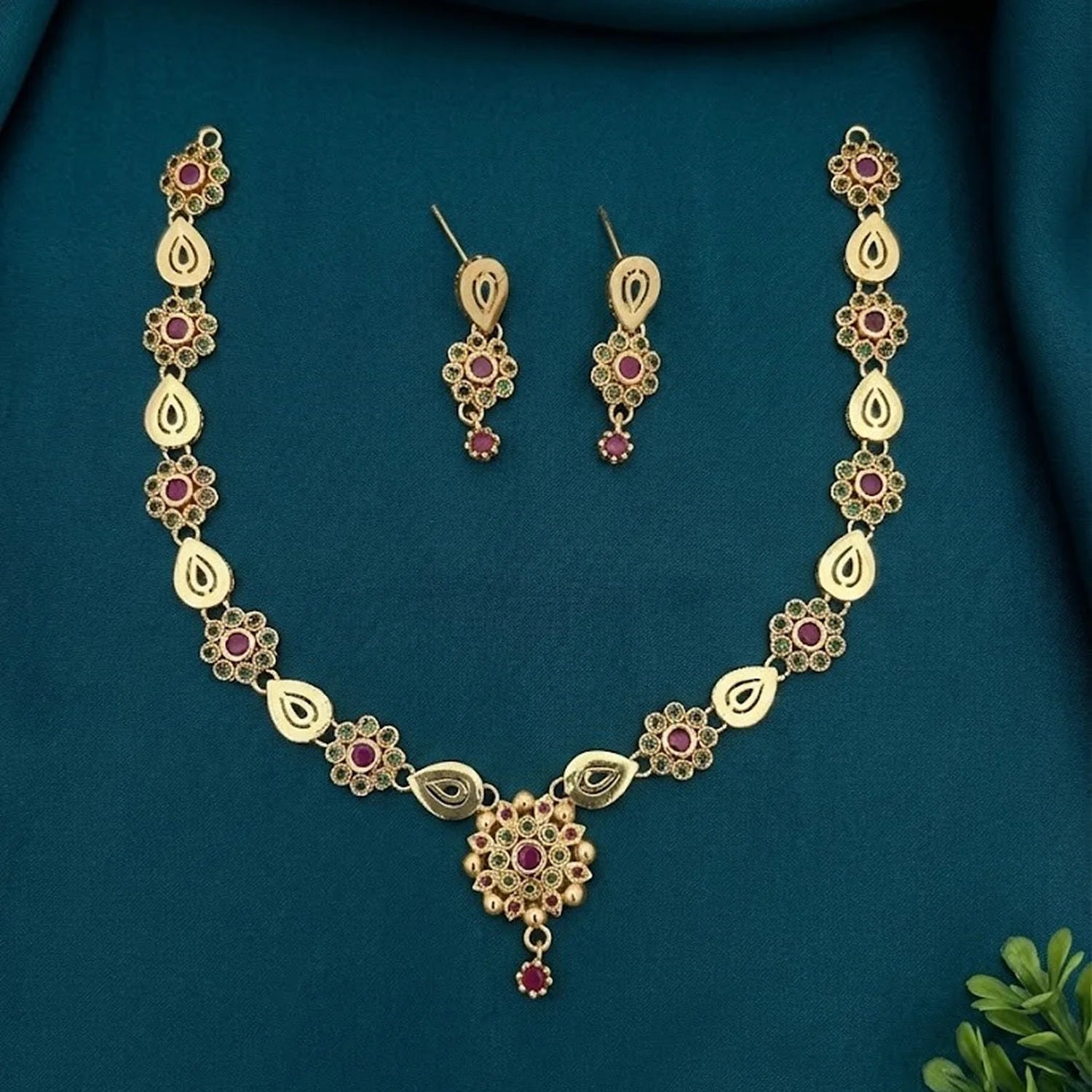 Floral Ruby Green American Diamond Necklace Set