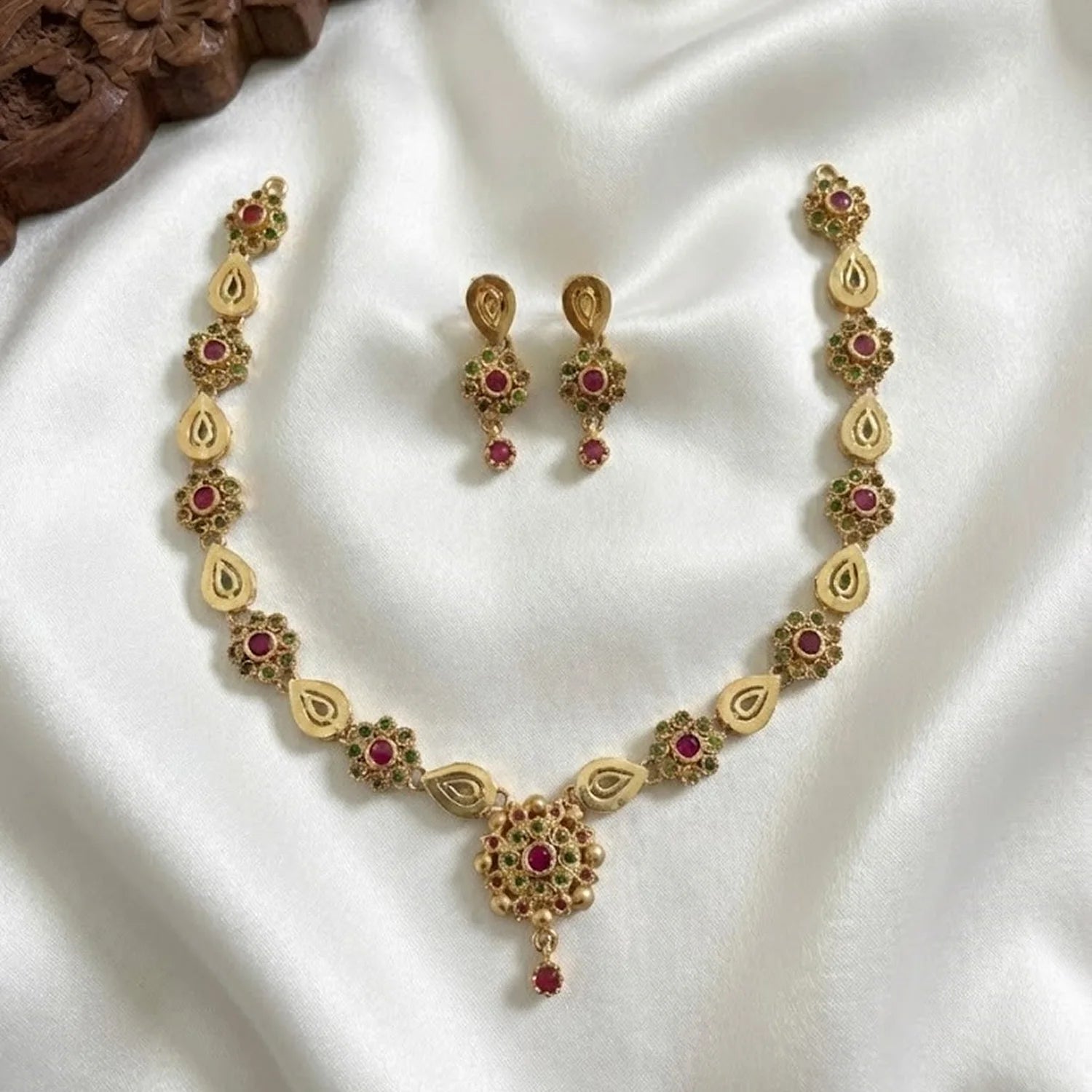 Floral Ruby Green American Diamond Necklace Set