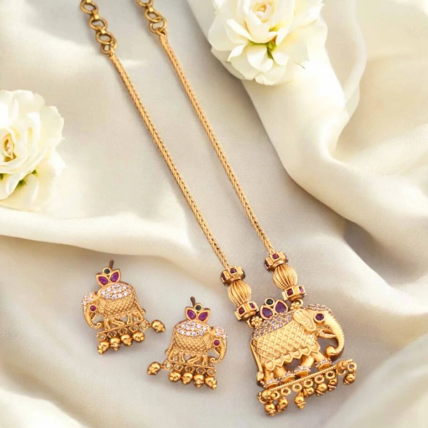 Royal Elephant Gold Plated American Diamond Necklace Set