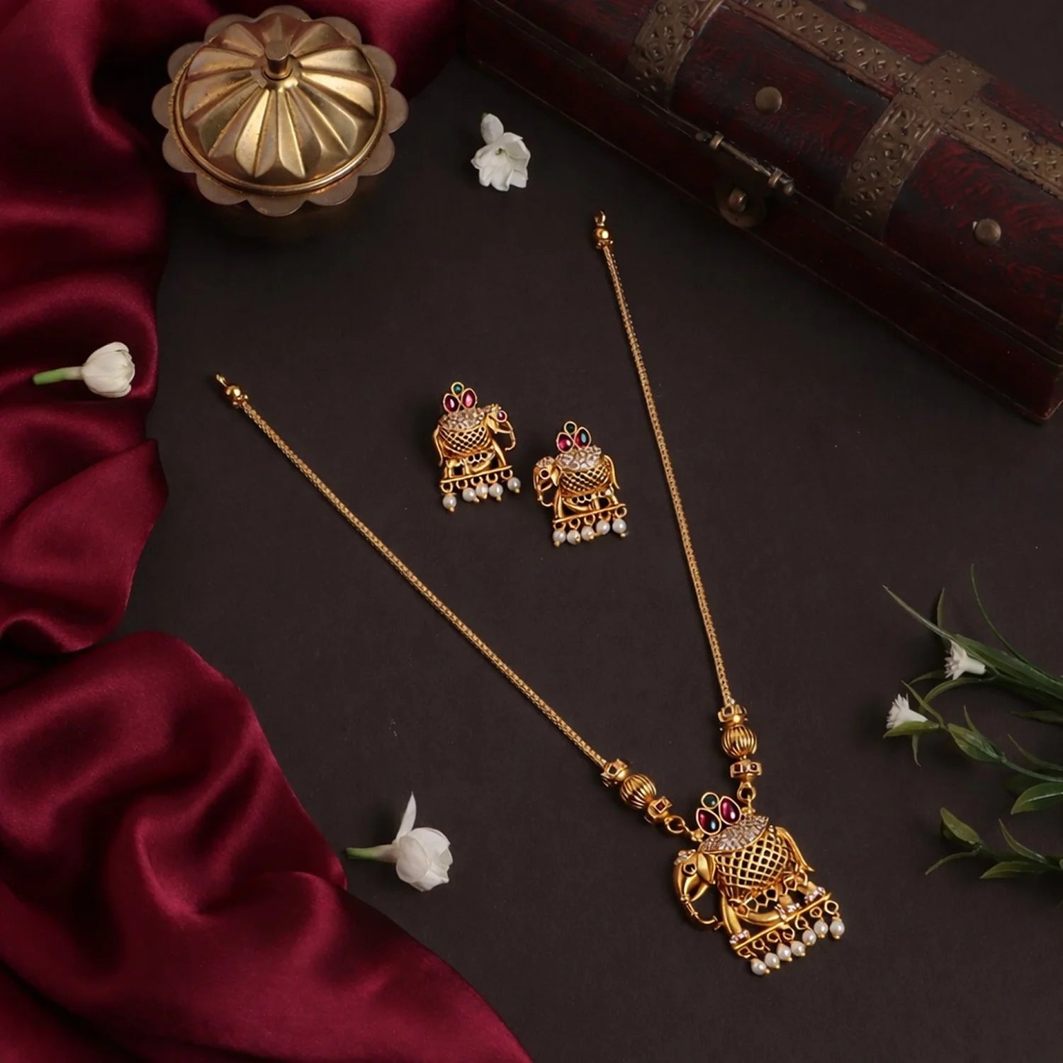 Royal Elephant Gold Plated American Diamond Necklace Set