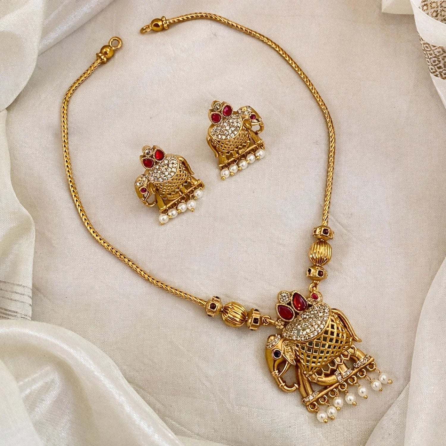 Royal Elephant Gold Plated American Diamond Necklace Set