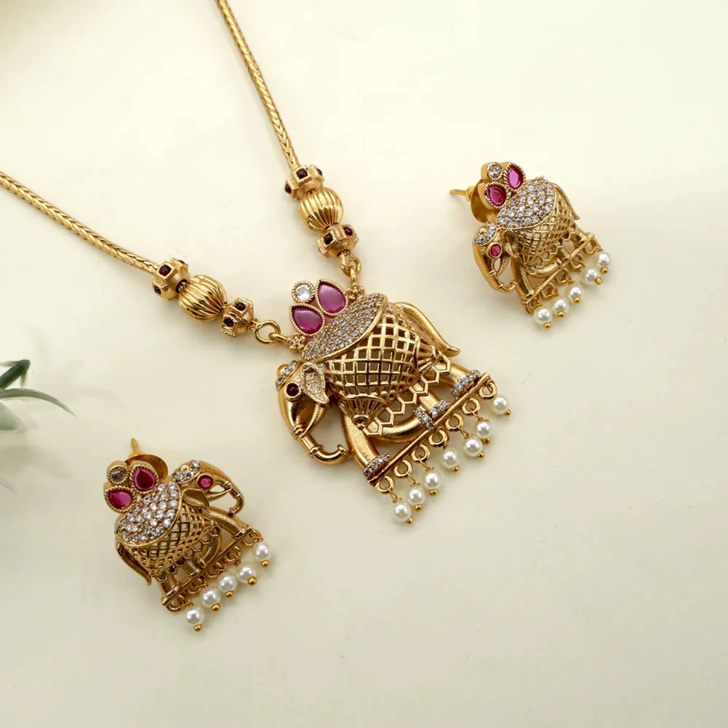 Royal Elephant Gold Plated American Diamond Necklace Set