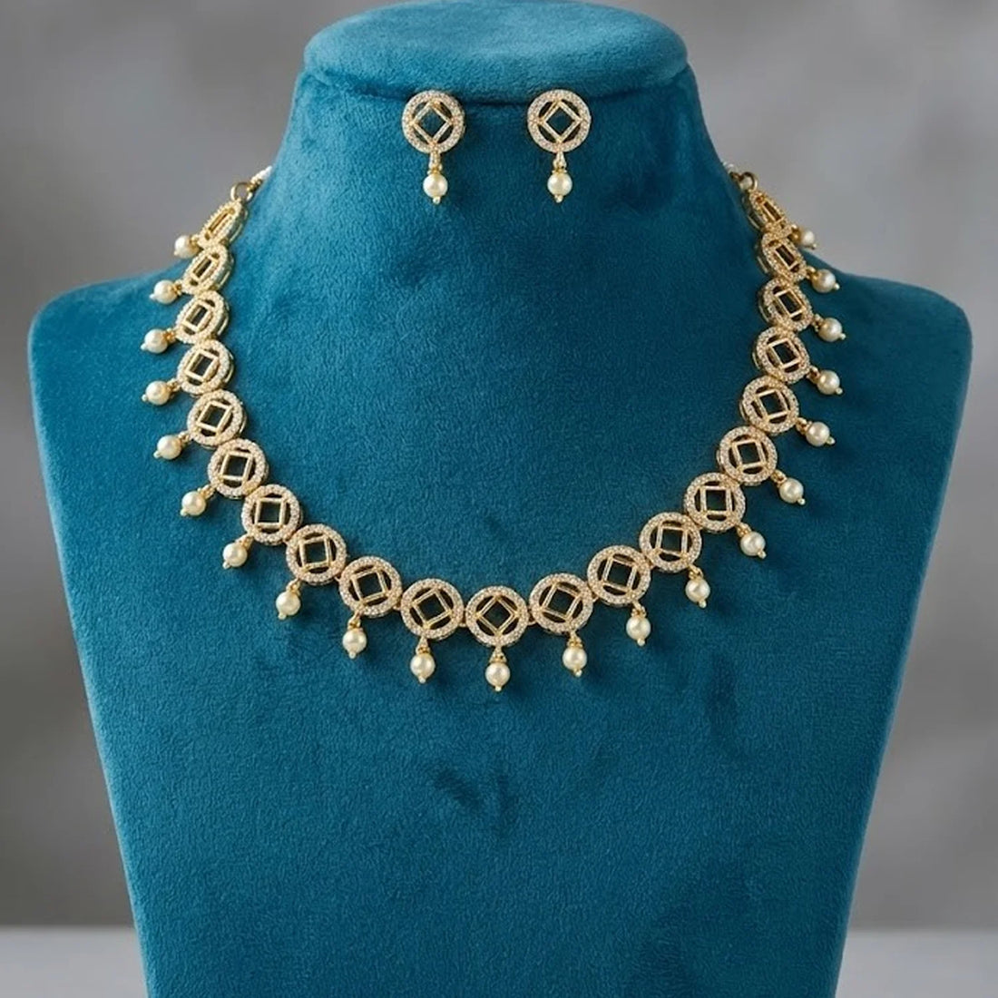 Geometric Pearl Drop American Diamond Necklace Set